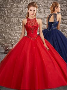 High-neck Sleeveless Brush Train Lace Up Quinceanera Gowns Red Tulle