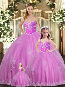 Sleeveless Tulle Floor Length Lace Up Quinceanera Dresses in Lilac with Beading and Appliques