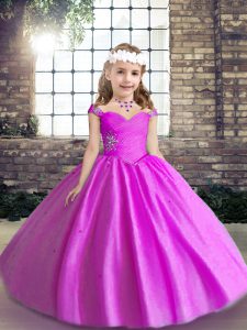 Floor Length Lilac Little Girl Pageant Gowns Straps Sleeveless Lace Up