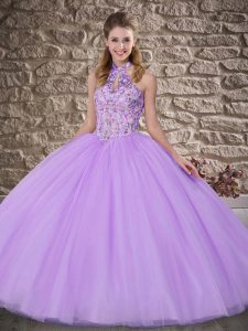 Lavender Ball Gowns Embroidery 15th Birthday Dress Lace Up Tulle Sleeveless