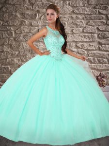 Latest Sleeveless Tulle Brush Train Backless Quinceanera Dresses in Apple Green with Beading