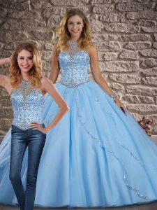 Elegant Blue Lace Up Halter Top Beading Ball Gown Prom Dress Tulle Sleeveless Brush Train