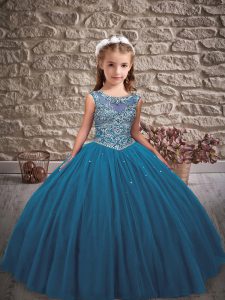 Blue Ball Gowns Scoop Sleeveless Tulle Floor Length Lace Up Beading Kids Formal Wear