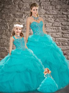 Cheap Lace Up Sweet 16 Dresses Aqua Blue for Military Ball and Sweet 16 and Quinceanera with Beading and Pick Ups Brush 