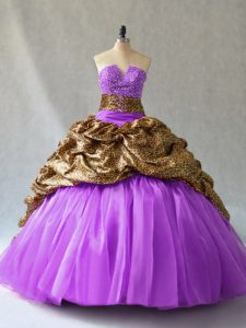 Comfortable Lavender Ball Gown Prom Dress Sweet 16 and Quinceanera with Beading and Pick Ups V-neck Sleeveless Lace Up