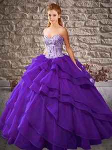 Adorable Sleeveless Floor Length Beading and Ruffled Layers Lace Up Quinceanera Gown with Purple