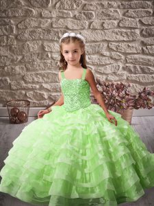 Lace Up Girls Pageant Dresses for Wedding Party with Beading and Ruffled Layers Brush Train
