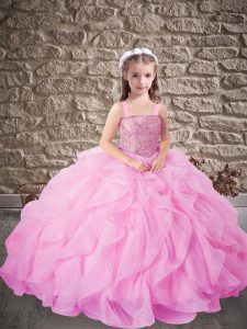 Cheap Straps Sleeveless Lace Up Girls Pageant Dresses Rose Pink Organza