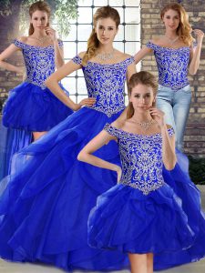 Glamorous Sleeveless Tulle Brush Train Lace Up Quinceanera Dress in Royal Blue with Beading and Ruffles