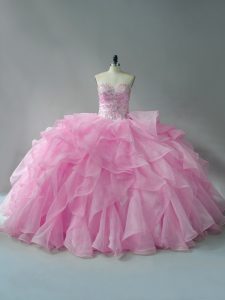 Baby Pink Sweetheart Lace Up Beading and Ruffles 15 Quinceanera Dress Sleeveless