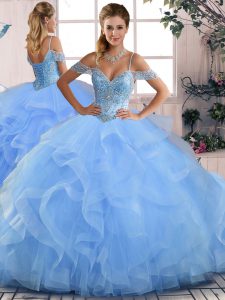Traditional Blue Lace Up Off The Shoulder Beading and Ruffles 15 Quinceanera Dress Tulle Sleeveless