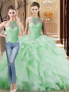 Apple Green Two Pieces Halter Top Sleeveless Organza Brush Train Lace Up Beading and Ruffles Quinceanera Gown