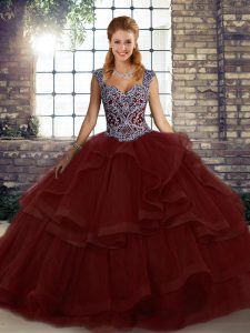 Best Burgundy Straps Lace Up Beading and Ruffles Quince Ball Gowns Sleeveless