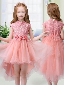 High-neck Cap Sleeves Flower Girl Dresses for Less High Low Lace and Hand Made Flower Peach Organza