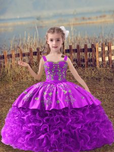 Unique Lilac Little Girls Pageant Gowns Straps Sleeveless Sweep Train Lace Up