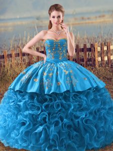 Comfortable Baby Blue Ball Gowns Sweetheart Sleeveless Fabric With Rolling Flowers Floor Length Brush Train Lace Up Embr