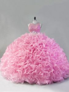 Discount Pink Two Pieces Scoop Sleeveless Fabric With Rolling Flowers Floor Length Zipper Beading Vestidos de Quinceaner