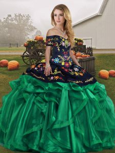 Simple Floor Length Lace Up Sweet 16 Dresses Green for Military Ball and Sweet 16 and Quinceanera with Embroidery and Ru