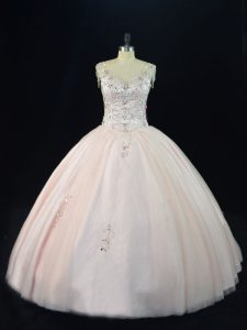 Modern Floor Length Lace Up Sweet 16 Dress Pink for Sweet 16 and Quinceanera with Beading