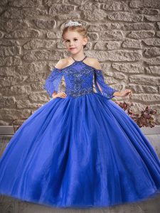 Tulle Halter Top 3 4 Length Sleeve Zipper Beading and Lace Little Girls Pageant Dress in Royal Blue