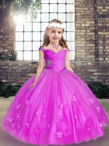 Inexpensive Straps Sleeveless Tulle Little Girls Pageant Dress Beading and Hand Made Flower Lace Up
