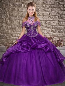 Purple 15th Birthday Dress Military Ball and Sweet 16 and Quinceanera with Beading and Ruffles Halter Top Sleeveless Lac