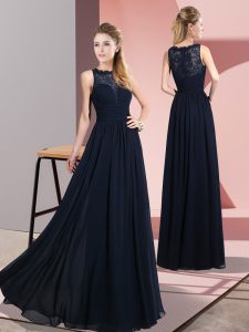 Trendy Navy Blue Chiffon Zipper Homecoming Dress Sleeveless Floor Length Lace