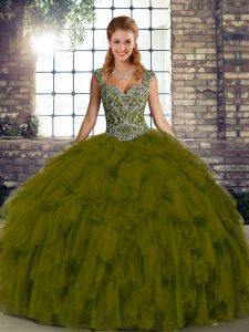 Graceful Floor Length Olive Green 15 Quinceanera Dress Straps Sleeveless Lace Up