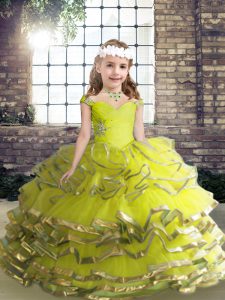 Sleeveless Organza Floor Length Lace Up Child Pageant Dress in Yellow Green with Beading and Ruffles