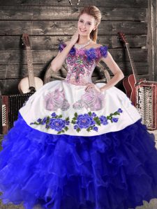 Delicate Royal Blue Ball Gowns Organza Off The Shoulder Sleeveless Embroidery and Ruffles Floor Length Lace Up Quinceane