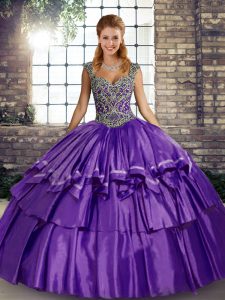 Nice Purple Vestidos de Quinceanera Military Ball and Sweet 16 and Quinceanera with Beading and Ruffled Layers Straps Sl