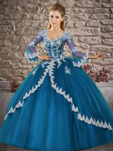 Floor Length Ball Gowns 3 4 Length Sleeve Blue Quinceanera Dresses Lace Up