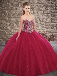 High Quality Fuchsia Lace Up Sweetheart Beading Quinceanera Dresses Tulle Sleeveless