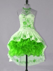 Sleeveless Satin and Organza High Low Lace Up Evening Dress in Green with Embroidery and Ruffles