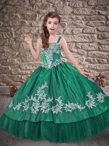 Straps Sleeveless Taffeta Little Girl Pageant Gowns Appliques Lace Up