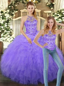 Lavender Ball Gowns Tulle Halter Top Sleeveless Beading and Ruffles Floor Length Lace Up Quince Ball Gowns