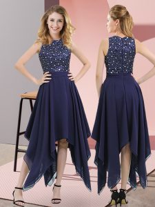 Fantastic Navy Blue Prom Dresses Prom and Party with Beading and Sequins High-neck Sleeveless Zipper