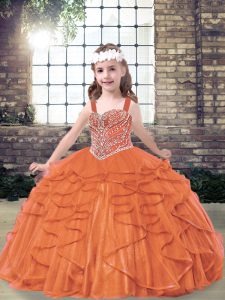 Orange Red Ball Gowns Beading and Ruffles Little Girls Pageant Dress Wholesale Lace Up Tulle Sleeveless Floor Length
