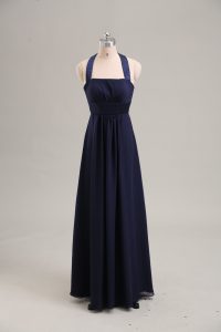Glittering Halter Top Sleeveless Lace Up Prom Gown Navy Blue Chiffon