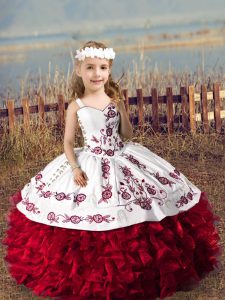 Floor Length Wine Red Little Girls Pageant Dress Wholesale Straps Sleeveless Lace Up