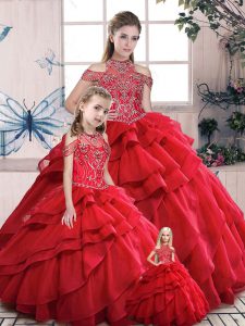 Deluxe Floor Length Lace Up Vestidos de Quinceanera Red for Sweet 16 and Quinceanera with Beading and Ruffles