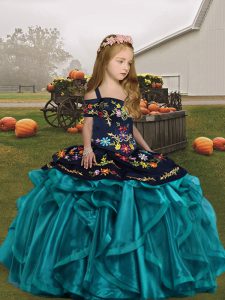 Most Popular Teal Ball Gowns Organza Straps Sleeveless Embroidery and Ruffles Floor Length Lace Up Little Girl Pageant D