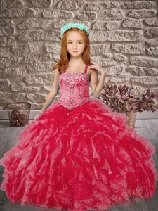 Best Coral Red Ball Gowns Straps Sleeveless Organza and Lace Brush Train Lace Up Beading and Ruffles Little Girl Pageant