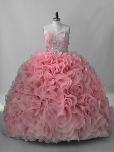 Free and Easy Beading Quince Ball Gowns Pink Lace Up Sleeveless Brush Train