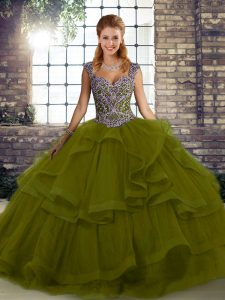 Modern Sleeveless Tulle Floor Length Lace Up Quinceanera Dress in Olive Green with Beading and Ruffles