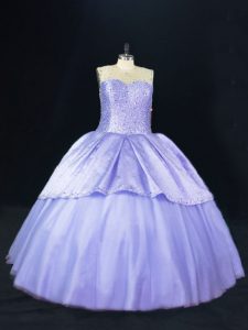 Lavender Ball Gowns Scoop Sleeveless Tulle Floor Length Lace Up Beading 15 Quinceanera Dress