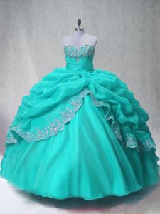 Aqua Blue Sleeveless Floor Length Beading and Appliques Lace Up Sweet 16 Quinceanera Dress
