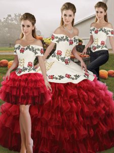 Elegant Wine Red Three Pieces Embroidery and Ruffled Layers Quinceanera Gown Lace Up Organza Sleeveless Floor Length