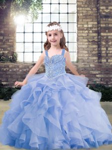 Custom Fit Sleeveless Tulle Floor Length Lace Up Pageant Gowns For Girls in Lavender with Beading and Ruffles