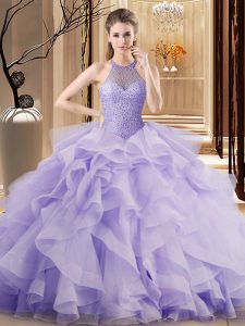 Eye-catching Lavender Lace Up Quinceanera Gown Beading and Ruffles Sleeveless Sweep Train